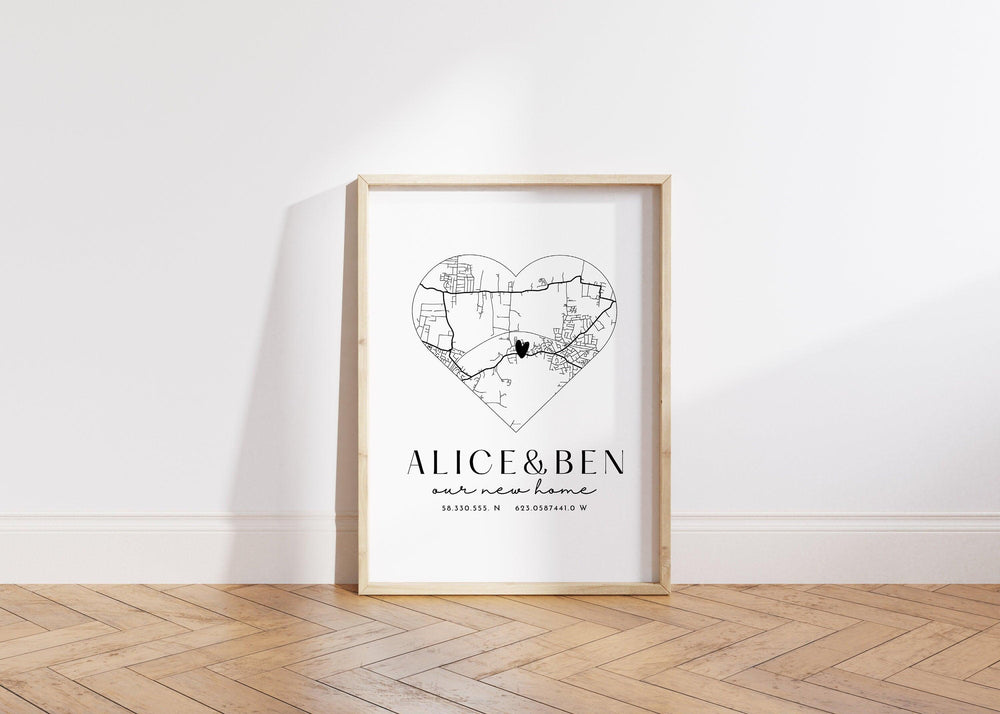 New Home Gift Map Print, New Home Heart Map, Personalised First Home Map, Personalised Housewarming Map Print, New Home Moving Gift Print - Glam and Co 