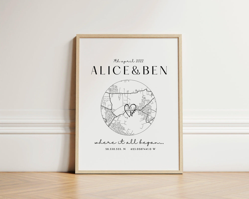 Personalised Anniversary Map Print, Where it all began home map print, Home Map Gift for Anniversary, Christmas Gifts for Him and Her - Glam and Co 