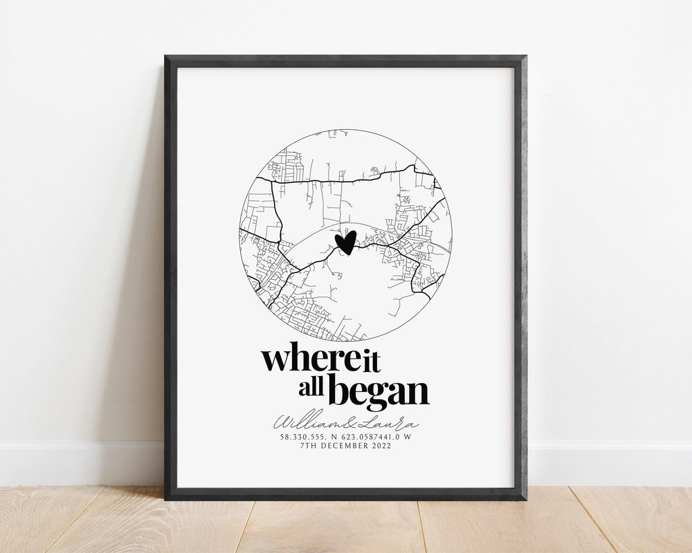Personalised Map Print, Anniversary Gift, Where it all began, Map Gift for Her Wife Girlfriend, Map Gift for Him Husband Boyfriend - Glam and Co 