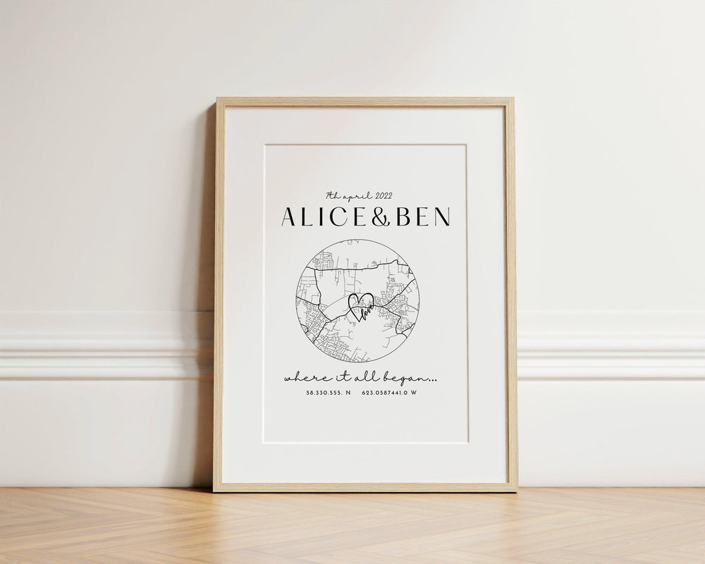 Personalised Anniversary Map Print, Where it all began home map print, Home Map Gift for Anniversary, Christmas Gifts for Him and Her - Glam and Co 