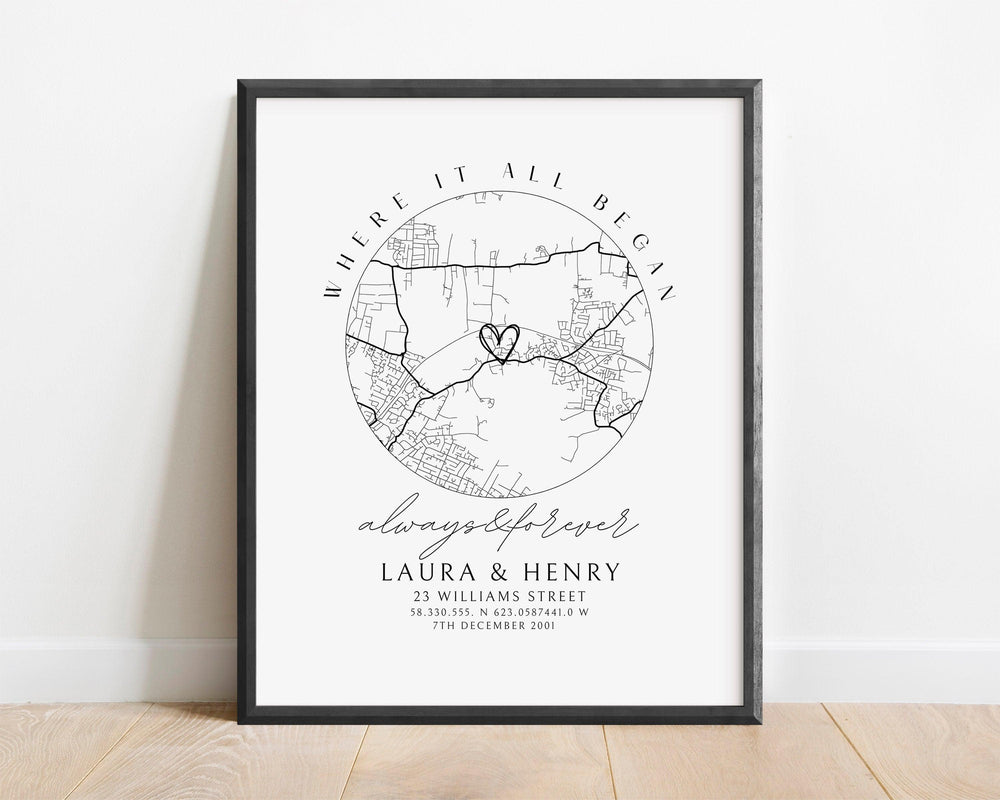 Personalised Anniversary Gift Map Print - Where it all began, Map Gift for Her Wife Girlfriend, Map Gift for Him Husband Boyfriend - Glam and Co 