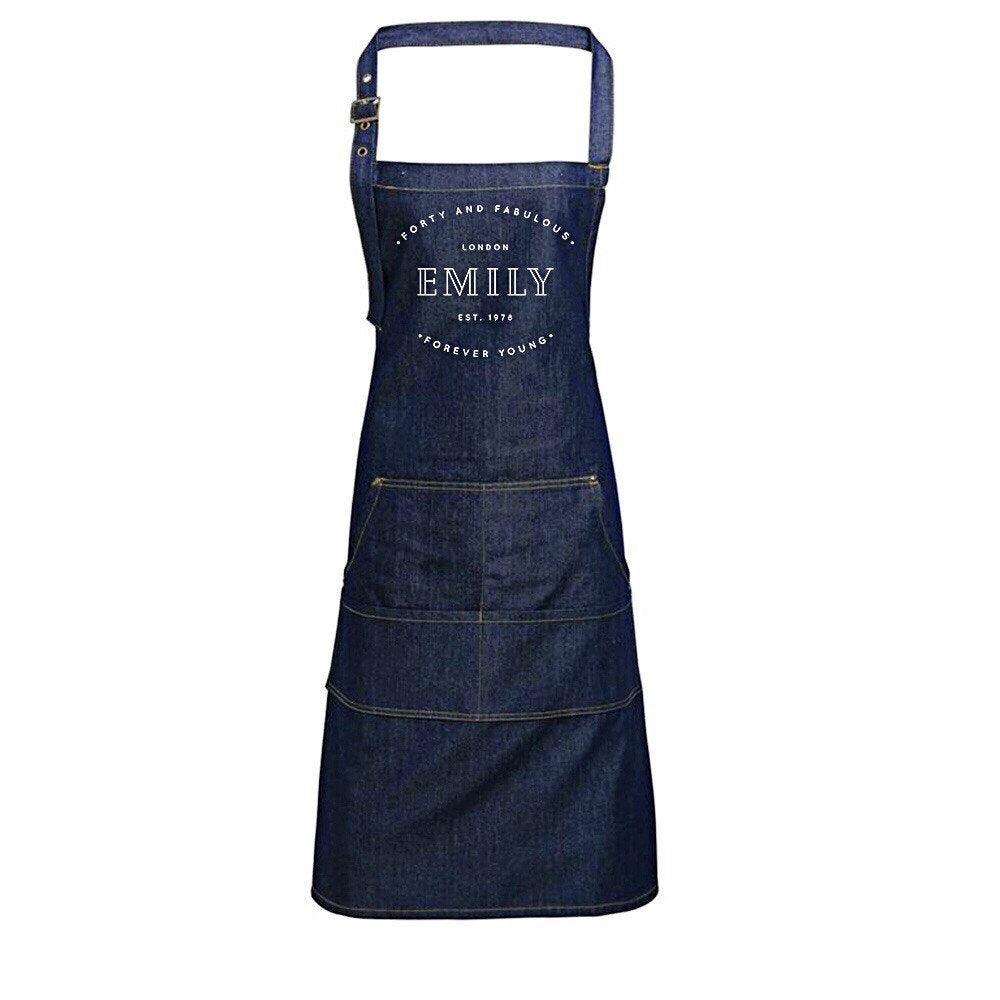 Personalised Denim Apron | Vintage Style Custom Apron | Forty and Fabulous Gift Ideas | 40th Birthday Gift Ideas | Personalised Apron - Glam & Co Designs Ltd